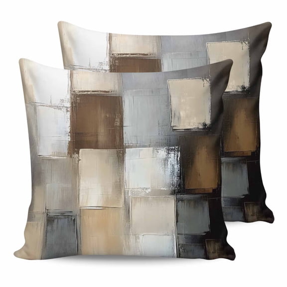 Pillow Covers 16x16 Set of 2, Gray Brown Throw Pillow Covers Decorative Couch Cushion Cover, Abstract Oil Painting Color Blocks Microfiber Soft Square Pillowcases for Bedroom Living Room Sofa