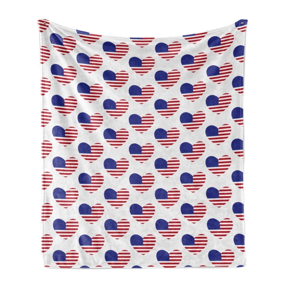 4th of July Soft Flannel Fleece Throw Blanket, Pattern American Flags in the Heart Shape Love of Nation, Cozy Plush for Indoor and Outdoor Use, 60" x 80", Red White and Navy Blue, by Ambesonne
