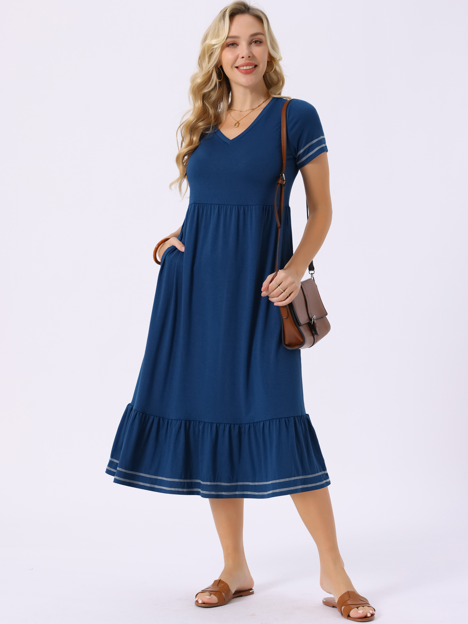 DARING DIVA Short Sleeve V Neck Contrast Trim Flowy Dress XL Blue