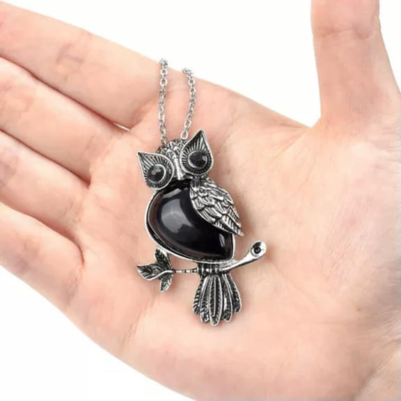 HOOUN Charm Natural Gemstone Owl Stone Pendant Chain Necklace Jewelry Women Gift -Black Obsidian