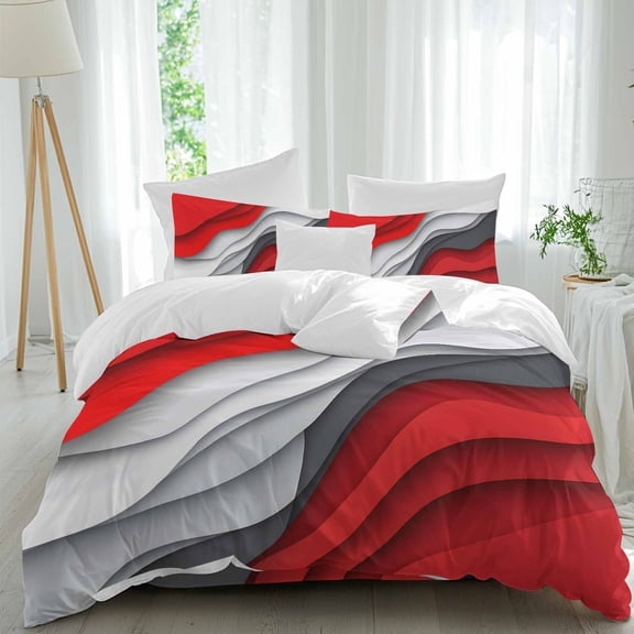 Red Grey Waves Duvet Cover Set Queen Size Abstract Water Ripple Modern Gradient Soft Lightweight Comforter Covers 4 Piece Bedding Set with 1 Duvet Cover 1 Bed Sheet & 2 Pillow Shams