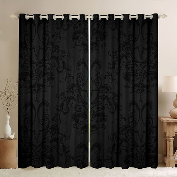 jejeloiu Damask Pattern Black Out Curtains,Vintage Bohemian Flowers Curtains Pack of 2 (42x63 Each),Rustic Farmhouse Bull Skull Bedroom Curtains For Adults,Ultra Soft Home Decor