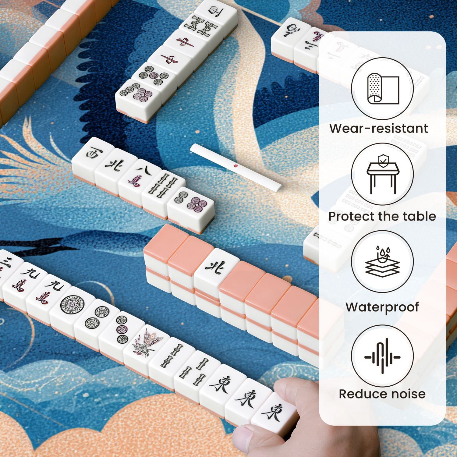 Chinoiserie Mahjong Mat 31.5" x 31.5" Majestic Crane Mid Flight Artwork Non-Slip Noise Reduction Mahjong Tiles Table Cover for Dominoes Poker Card Board and Tile Games