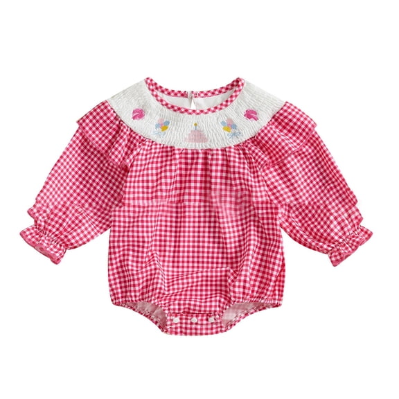 Coerni Baby Girls Summer Smocked Romper Cute Birthday Party Bodysuit Long Sleeve Cake Embroidery Plaid Bubble Rompers