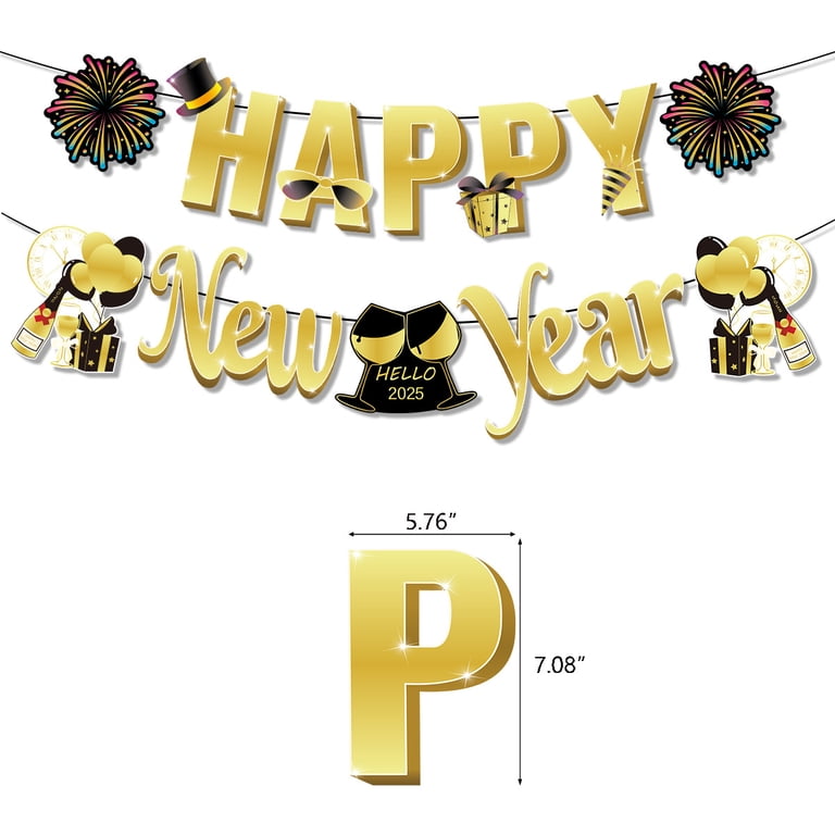 Happy New Year 2025 Backdrop Banner - Black Gold Glitter Photo Booth Decor 70.8x43.3 Inch