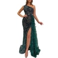 thumbnail image 5 of Quixlent Women Evening Dress One Shoulder Sleeveless Shiny Sequin Padded Feather Decor High Split Solid Color Slim Fit Tight High Waist Floor Length Prom Party Banquet Lady Gown Maxi Dress, 5 of 8