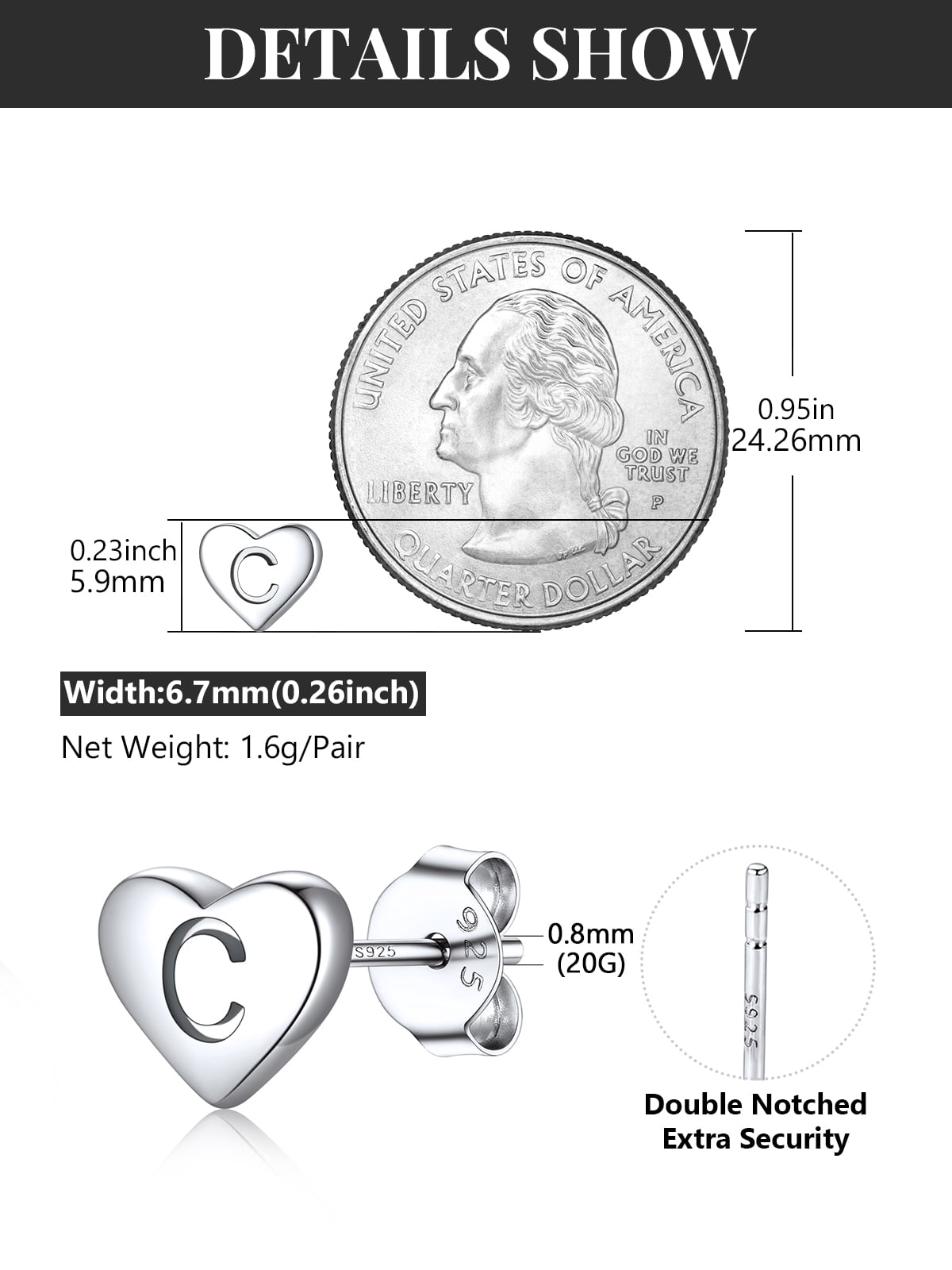 Silvora Initial Heart Stud Earrings for Women Sterling Silver Hypoallergenic Letter C Earrings Charm Mother Daughter Christmas Birthday Jewelry Gift