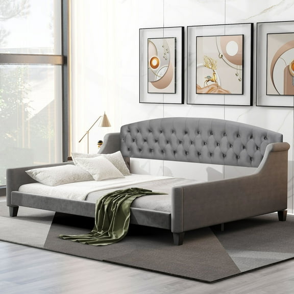 Lisonu Elegant Full Size Daybed, Upholstered Velvet Sofa Bed with Button Tufting, Glamorous Wingback Design for Living Room, Plywood Frame, Gray