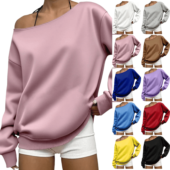 Zeijnsda Womens Fashion Sweatshirts Spring Summer Lightweight Loose Sweatshirts Trendy One Shoulder Long Sleeves Tops for Casual Vacation Outfits