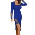 thumbnail image 3 of QLEICOM Wedding Guest Dress,Fall Wedding Guest Dresses for Women,Women's Bodycon Dress with Square Neck Lace Panels and Thigh High Slit Solid Color Form-Fitting Long Sleeve Waist-Defining Dress, 3 of 8