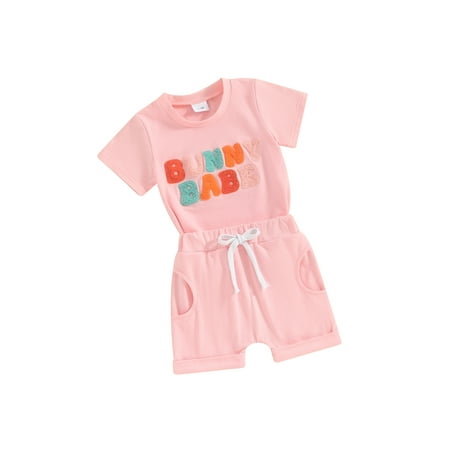 

Girls Shorts Sets Letter Embroidery Tops Solid Color Shorts Set