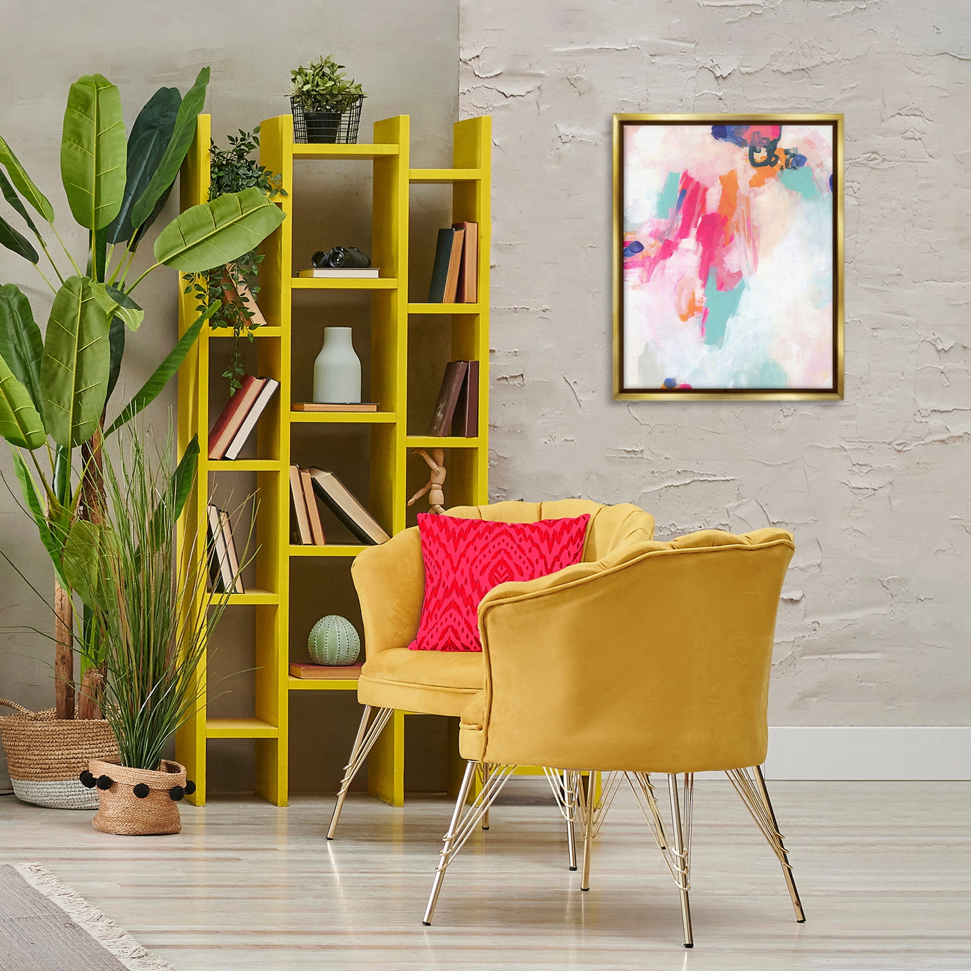Stupell Industries Pink & Blue Paint Strokes Abstract Painting Gold Floater Framed Canvas Art Print Wall Art, 17 x 21