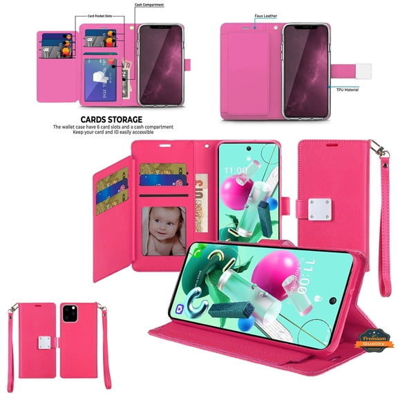 For Apple iPhone 16 (6.1") Wallet PU Leather Credit Card ID Cash Holder Slot Dual Flip Pouch with Stand and Strap Cover ,Xpm Phone Case [ Hot Pink ]