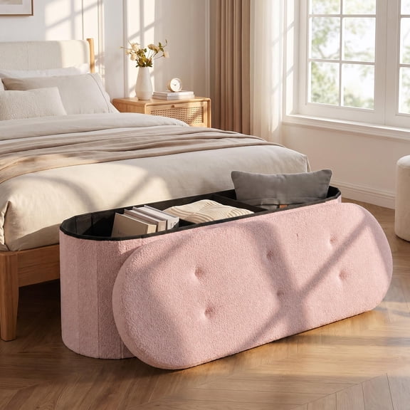 43" Storage Ottoman Bench, Upholstered Bench Storage, End of Bed Bench, Ottoman Foot Rest for Living Room, Bedroom,Oval Ottoman with Dividers (Pink)