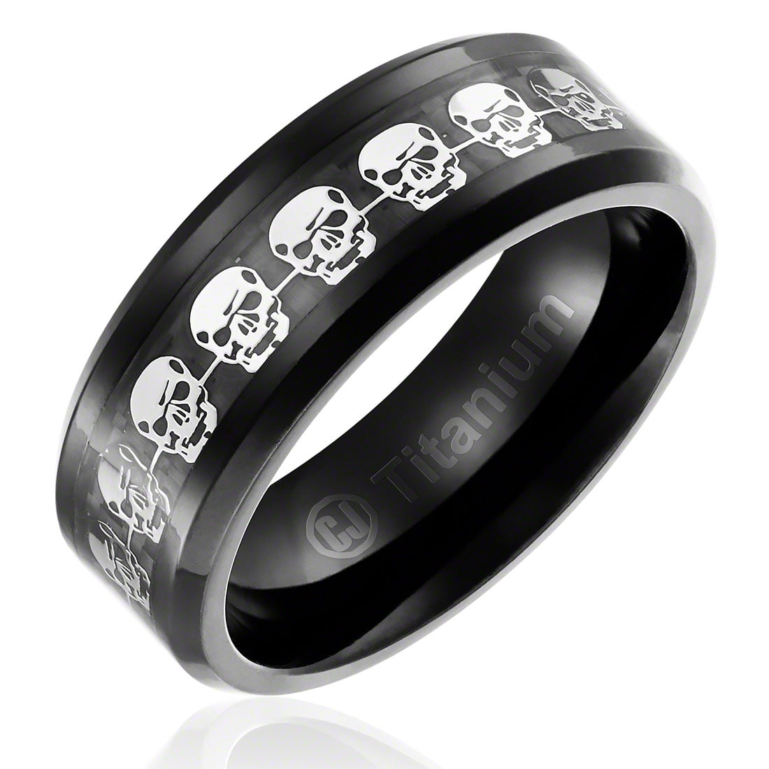 Black Carbon Fiber Skull Symbol Inlay Beveled Edge Ceramic 8mm Wedding Band Ring 