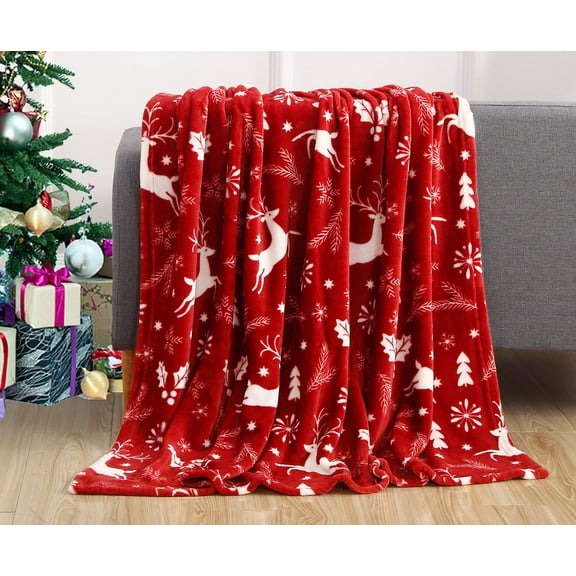 Elegant Comfort Luxury Velvet Super Soft Christmas Prints Fleece Blanket-Holiday Theme Home Décor Fuzzy Warm and Cozy Throws for Winter Bedding, Couch and Gift, 50 x 60 inch, Burgundy Reindeer