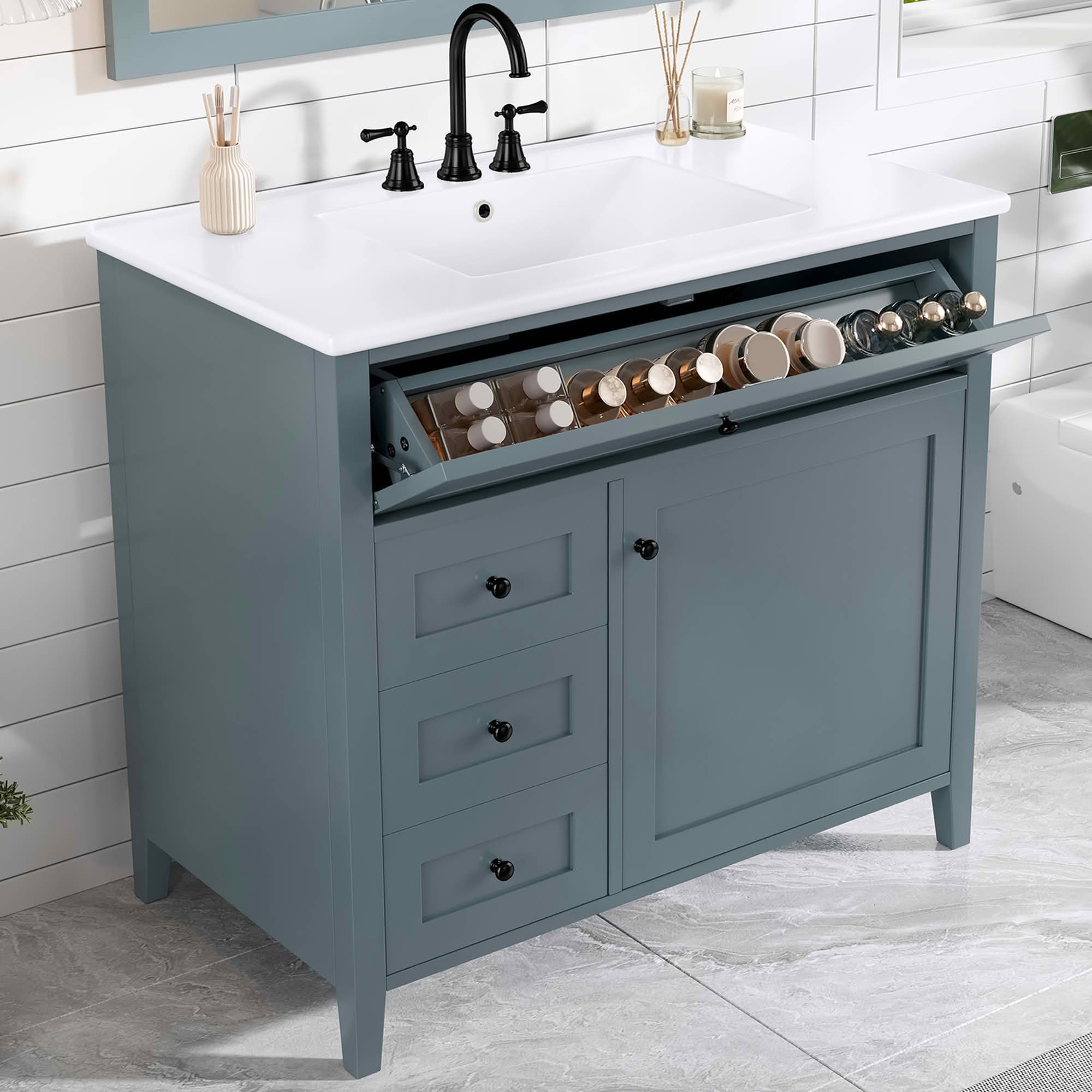 MAYEERTY 36" Bathroom Vanity with Sink Freestanding Ceramic Basin Flip Drawer Adjustable Shelf Rubberwood MDF White
