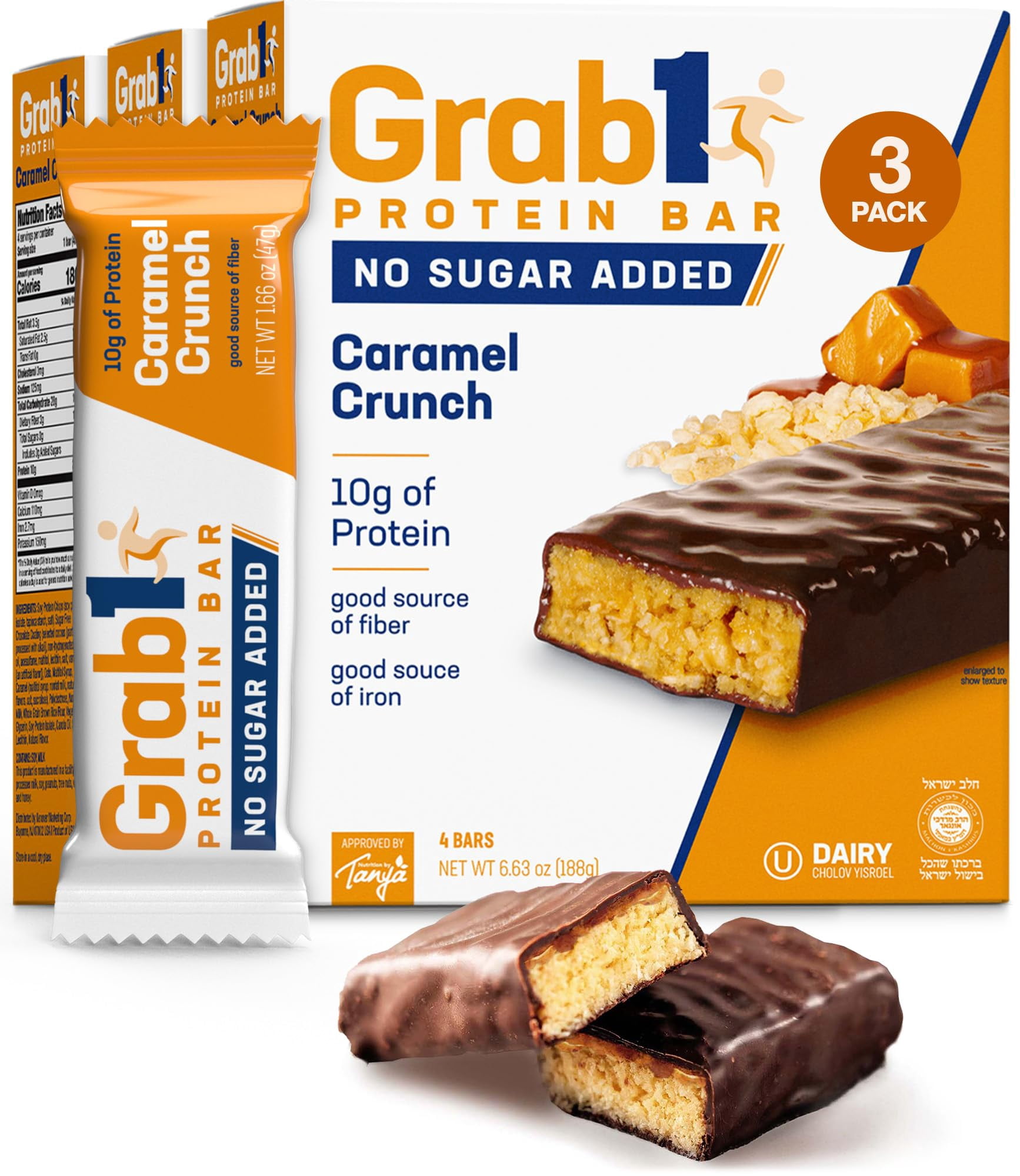 Grab1 Sugar Free Protein Bars, Caramel Crunch (3 Pack- 12 Bars) | Delicious and Nutritious | Low Calorie | Only 1g Sugar
