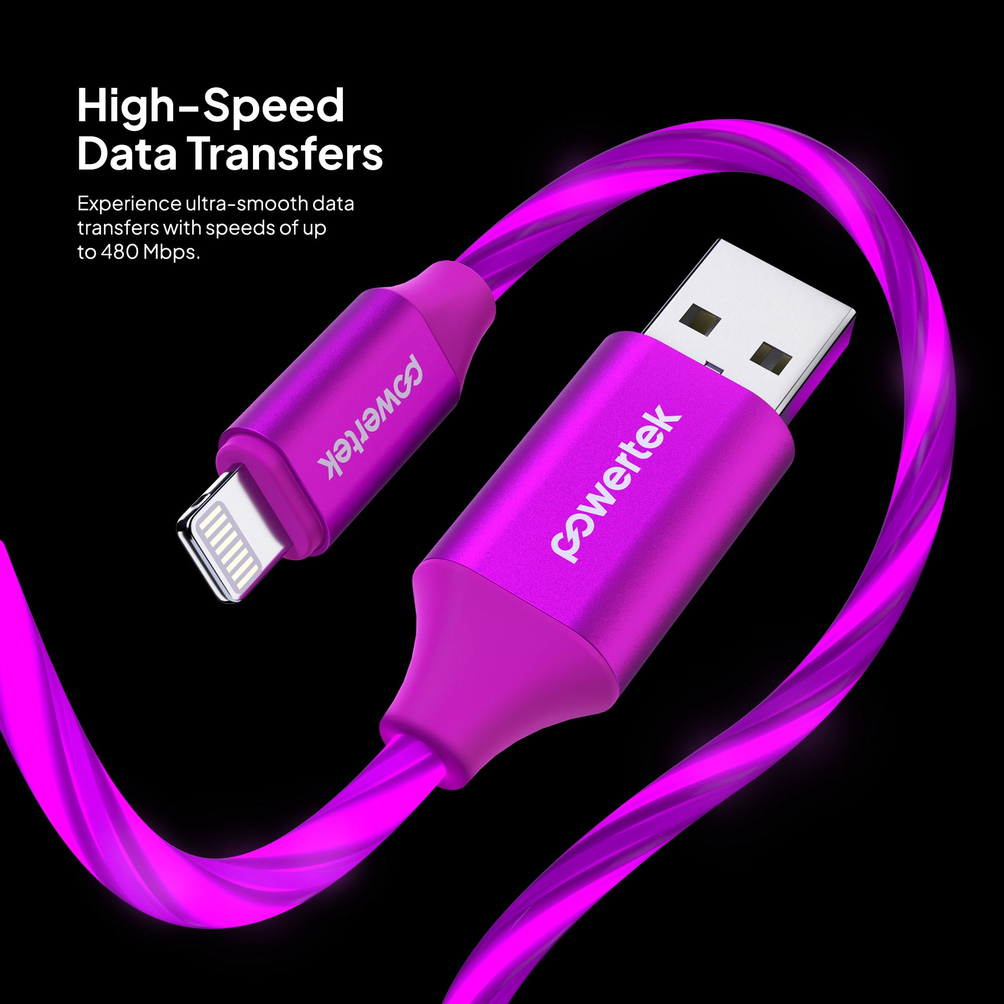 Powertek MFi-Certified Light-Up Spiral USB-A to Lightning Charging Cable, 5 ft, Purple