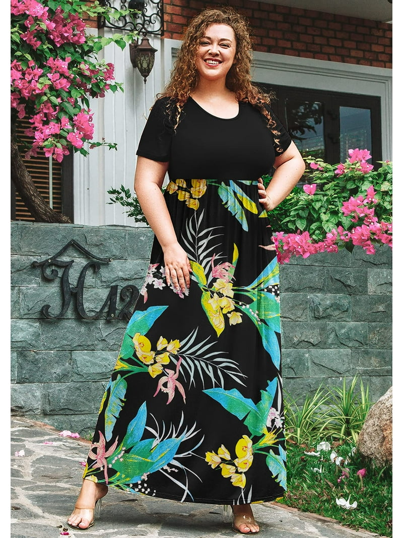 Saks Kridt træner SHOWMALL Plus Size Summer Maxi Dress for Women Colorful Plantain 2X Short  Sleeve Crewneck Casual Beach Bohemian Full-Length Long Sun Dresses with  Pockets - Walmart.com