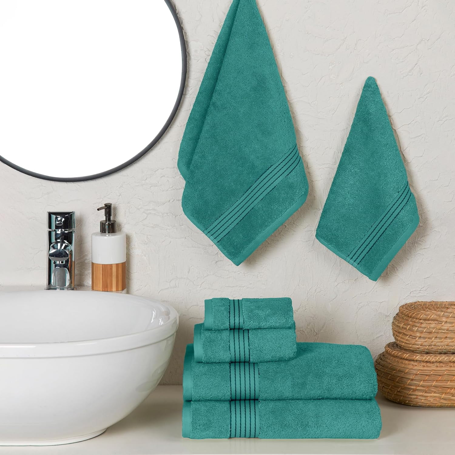 Holiday Gift Cotton 6-Piece Towel Set, Includes 2 Washcloths, 2 Hand Towels and 2 Bath Towels, 100% Turkish Cotton - Highly Absorbent and Super Soft Towels for Bathroom, Turquoise