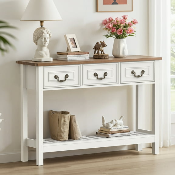 SPANSPACE Farmhouse Console Table with 3 Drawer, 47'' Entryway Table with Open Storage Shelf, Narrow Long Sofa Table for Living Room, Hallway, Behind Soft, Couch , White