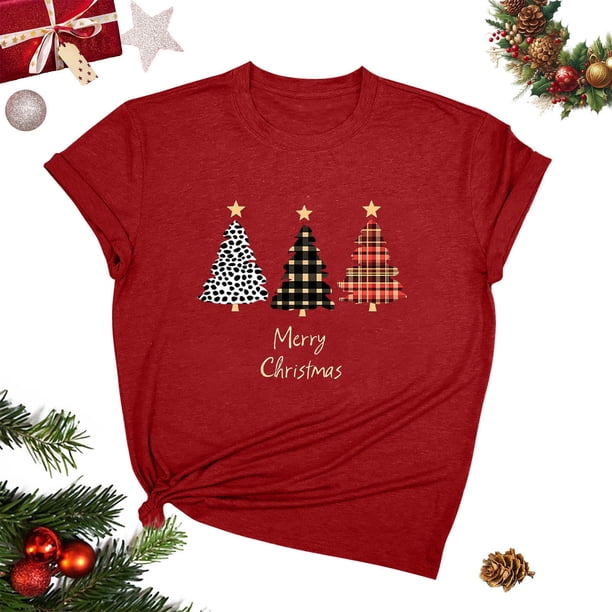 Blusas para las Mujeres Casual, Navidad Impresión Cuello Redondo Blusa de Moda, Fiesta de Fiesta Camiseta Top