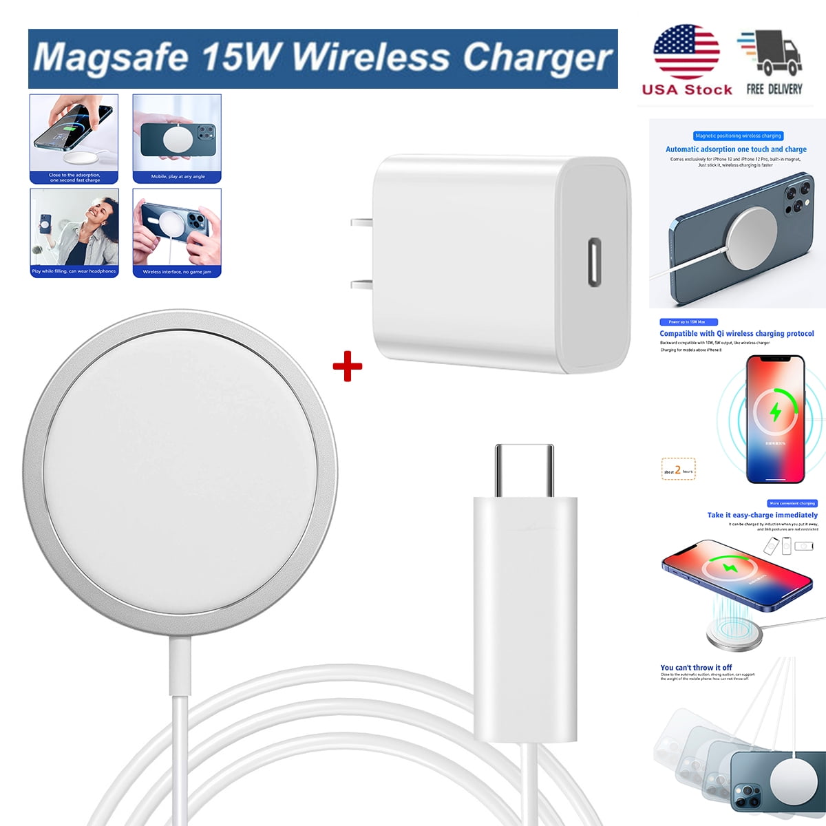 Fast Wireless Charging Pad with Type C Port KUULAA 15W Magnetic Wireless Charger Compatible with MagSafe Wireless Charger for iPhone 12/12 mini/12 Pro/12 Pro Max,AirPods Pro & etc No AC Adapter 