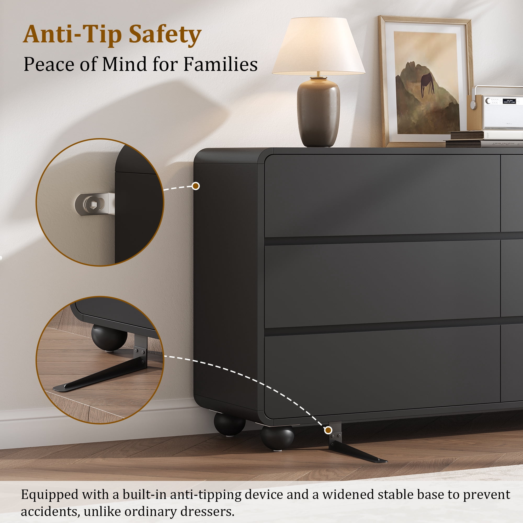 Aufeile Dresser for Bedroom, 6 Drawer Dresser & Chest of Drawers, 53" Modern Chest of Drawers with Curved Profile Design, Wood Dresser Storage Organizer for Adults, Black