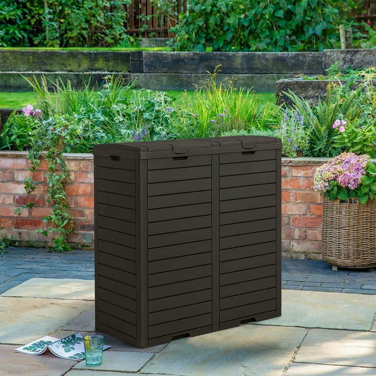  Greesum 78 Gallon Resin Outdoor Trash Can, Double Box Waste Bin  with Tiered Lid, Drip Tray and Armrest for Patio, Backyard, Deck, 230  Liters, Dark Coffee : Patio, Lawn & Garden