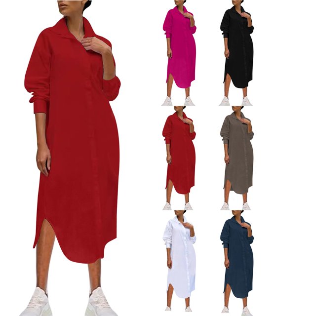 Gspmoly Robes pour Femmes, Robe Mode pour Femmes à Col Rabattu Ample en Coton et Lin à Manches Longues Ajustée à Taille Haute, Robes Formelles pour Femmes Offres du Jour