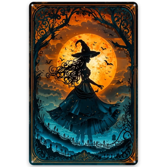 Iron Wall Decor Sign 8x12 Inch - Witch Silhouette with Moon and Bats Design - Vintage Halloween Theme - Rustic Style Metal Art for Indoor Outdoor Use - Easy Hanging Home Decoration