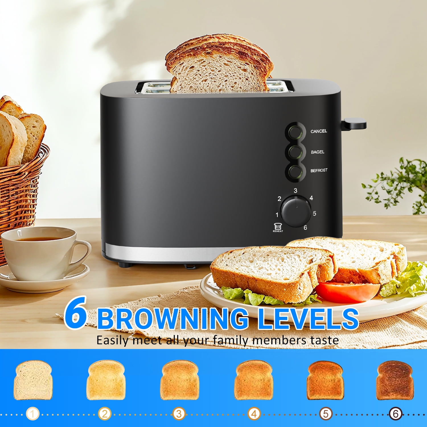 TINANA Wide Slot 2 Slice Toaster: Bread Toaster with Removable Crumb Tray, Small Toaster, 6 Bread Shade Settings, Auto-Shutoff, Toast Boost, Cord Storage Under Base, Black, 900W