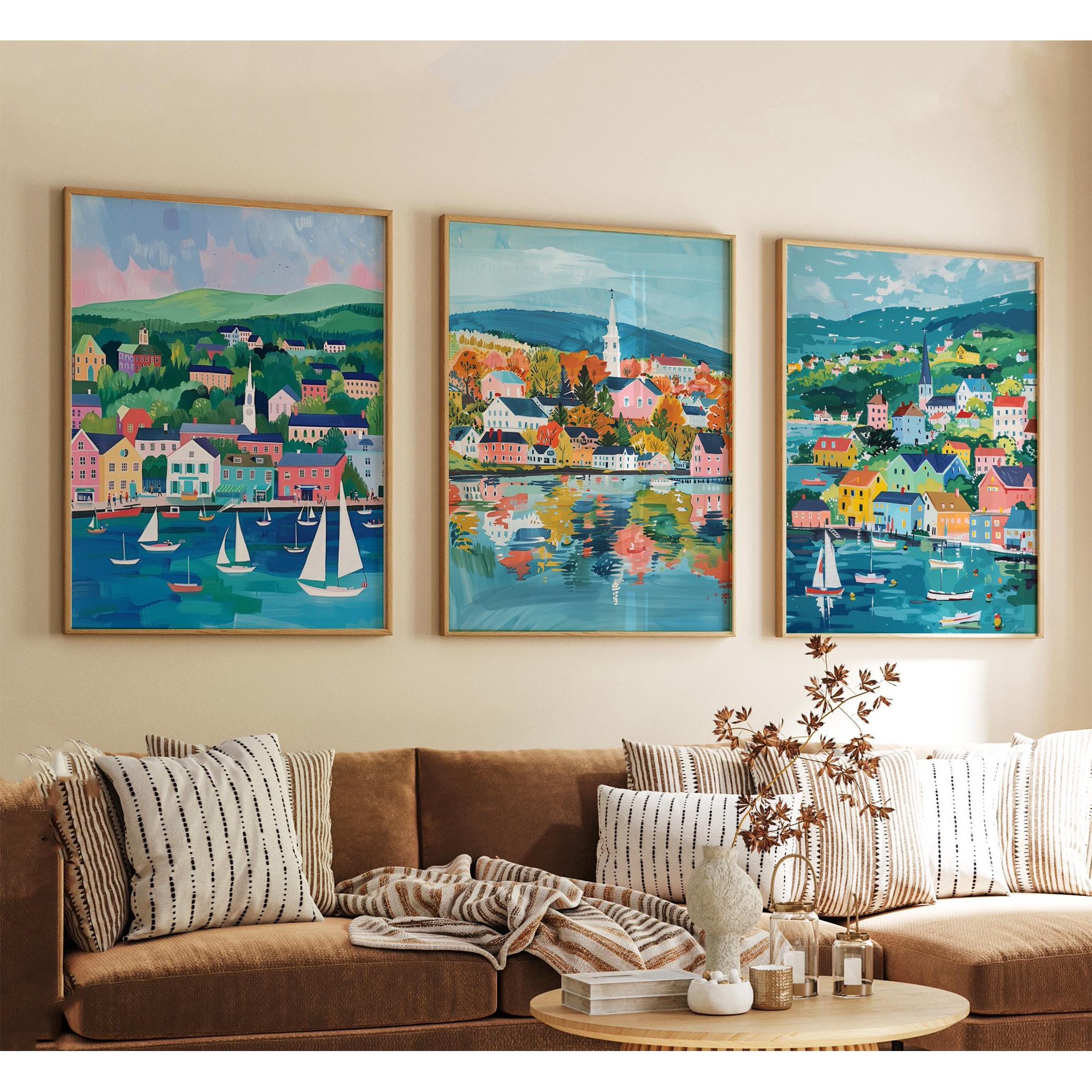 Burlington Vermont Poster Travel Wall Art Usa Lake Champlain Landscape Print Vintage Minimalist Style Set 3