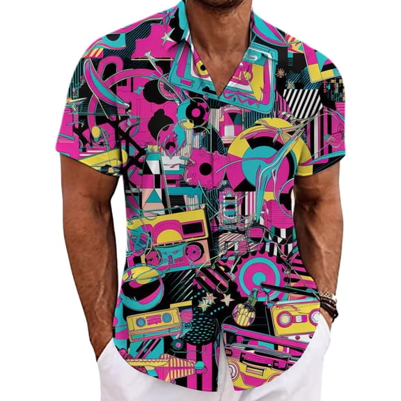 SONXAHE Men's Retro Graphic Short Sleeve Shirt 80s Music-themed Camp Collar Button-down Blouse