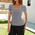 thumbnail image 4 of WTXUE T-Shirts Short Sleeve, Square Neck Shirts for Women's Square Neck Color Block T Shirt 2024 Summer Sli Crop Tops Solid, Knit Tops | Casual for Women Grey XL, 4 of 8