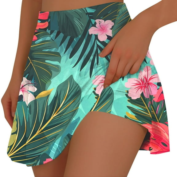 Feancey Hawaiian Skorts for Women Beach Casual Athletic Tennis Skirts Summer High Waist Tummy Control Golf Skirt with Shorts Green M