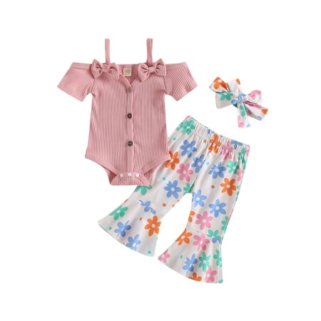 

Qtinghua Western Toddler Baby Girl Summer Outfits Off Shoulder Short Sleeve Ribbed Romper+Cow Print Flare Pants+Headband Set