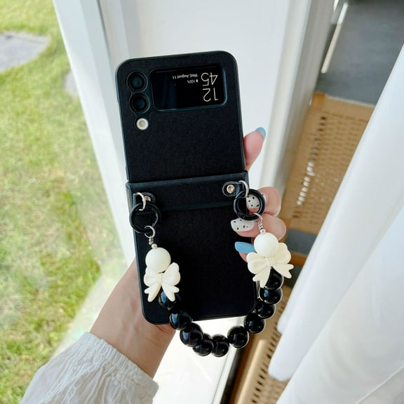 Leather Case Compatible with Samsung Galaxy Z Flip 3 with Lanyard Strap Shockproof Cute Girly Case-Black