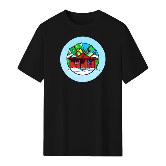 Signetis Elf Banners Waving from Snowy Porch Christmas Graphic Tee, Black