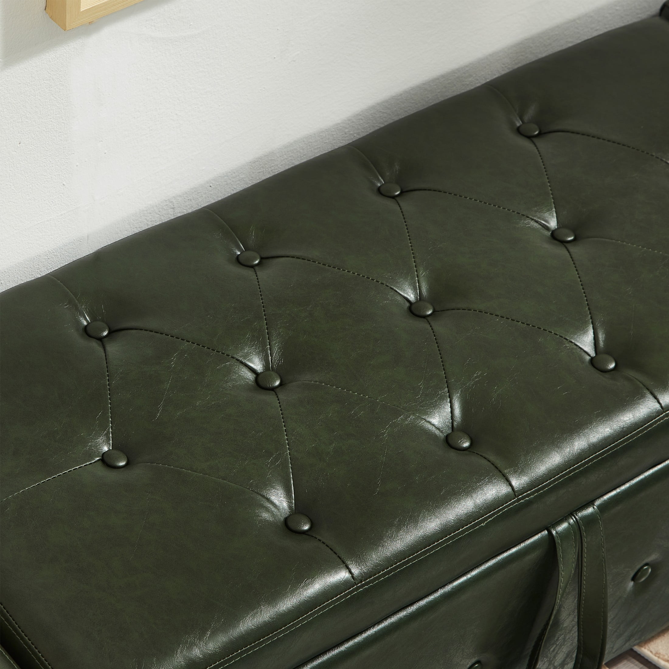 Aukfa 48" Storage Ottoman Bench with Safety Hinges, Upholstered Tufted Faux Leather Bench for Bedroom, Living Room & Entryway, Dark Green
