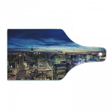 City Cutting Board, Empire State and Skyscrapers of Midtown Manhattan New York Aerial View at Dusk, Tempered Glass Cutting and Serving Board, Wine Bottle Shape, Tan Navy Blue Aqua, by Ambesonne