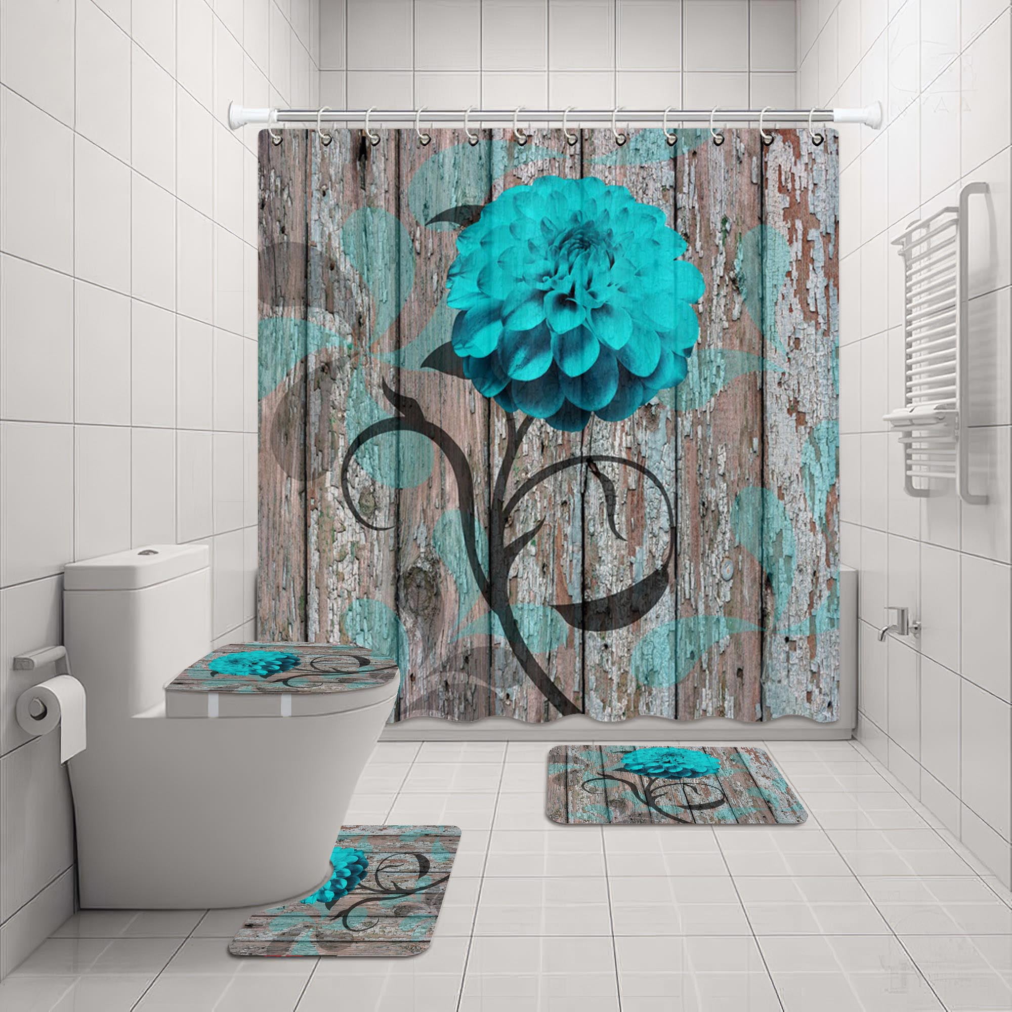 4 Pcs Bathroom Shower Curtain Set Blue Rose Shower Curtain Bathroom Sets Valentine's Day Shower Curtain Sets with Rugs(Bath Mat,U Shape and Toilet Lid Cover Mat) and 12 Hooks