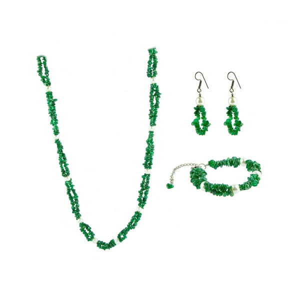 Long Double Strand Green Aventurine and Faux Pearl Jewelry Set