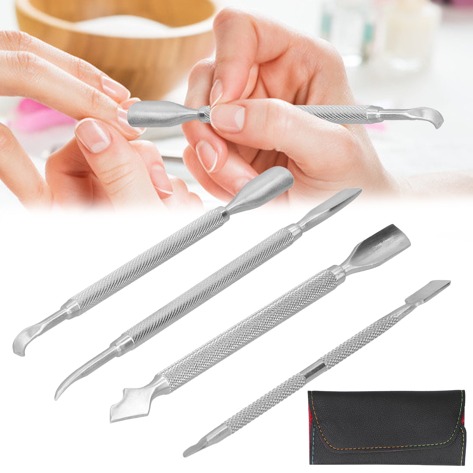OTVIAP Cuticle Pusher,Steel Pusher,4pcs Stainless Steel Nail Cuticle Pusher Cuticle Trimmer Remover Set Manicure Tool