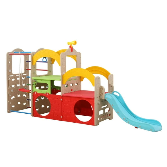 UNICOO® 10 in 1 Indoor Playground, Jungle Gym Playset with Slide, Climbing Wall, Ladder, Swing, Basketball, Hanging Rings for Home and Daycare (Mixed Color)