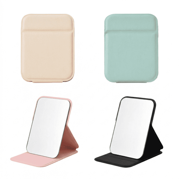 ROSEXIXI Makeup Mirror 4 Pcs Foldable Black PU Leather Portable Compact Travel Mirror 4.13*2.76in Mini Pocket Small Vanity Glass Standing Desk Tabletop For Beauty Shaving And Daily Grooming