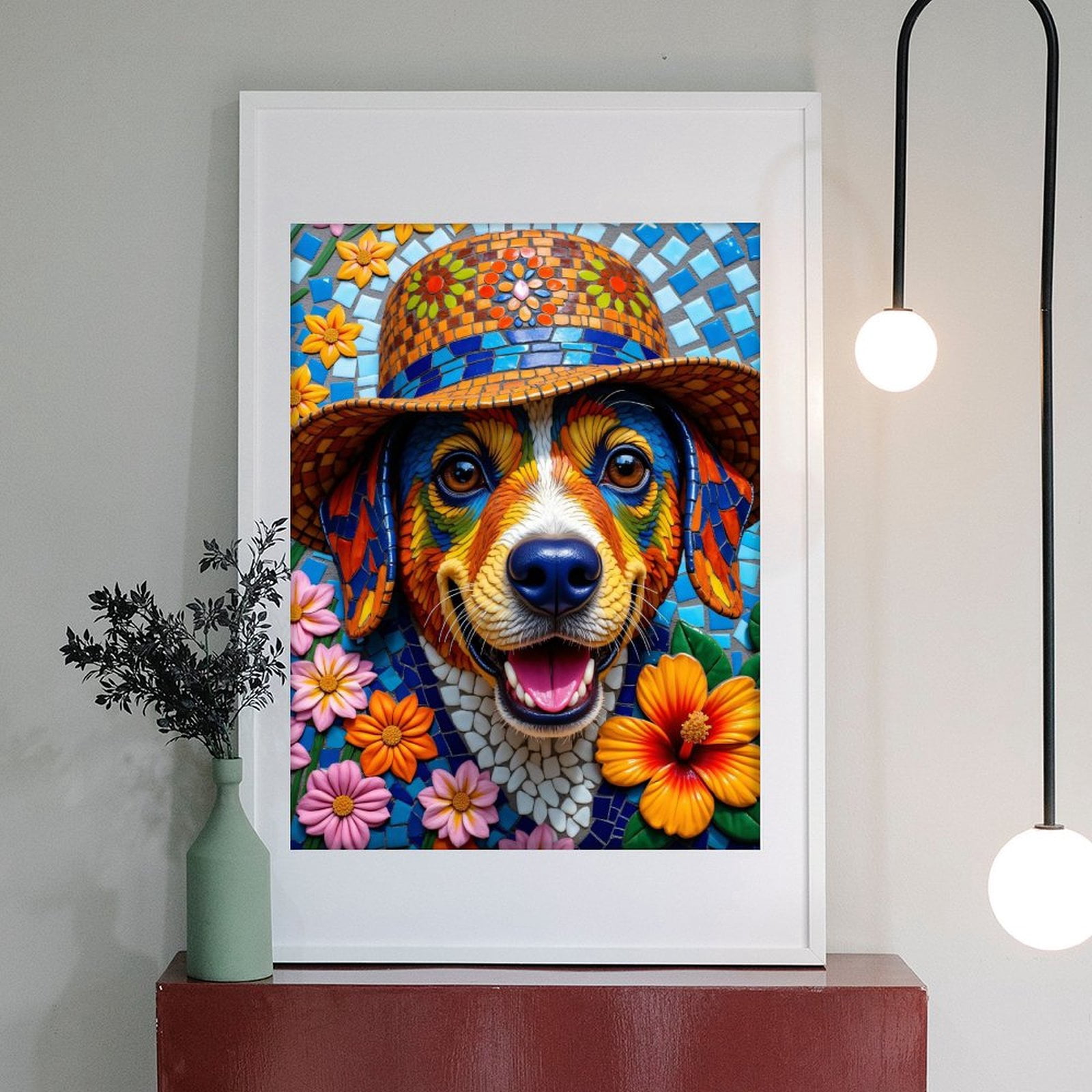 Diamond Art Kit for Adults, Colorful Mosaic Dog With Flowers Diamond Painting for Adults Beginners, 5D DIY Diamond Art Painting Kits, Colorful Diamond Painting Craft for Home Decor 12x16