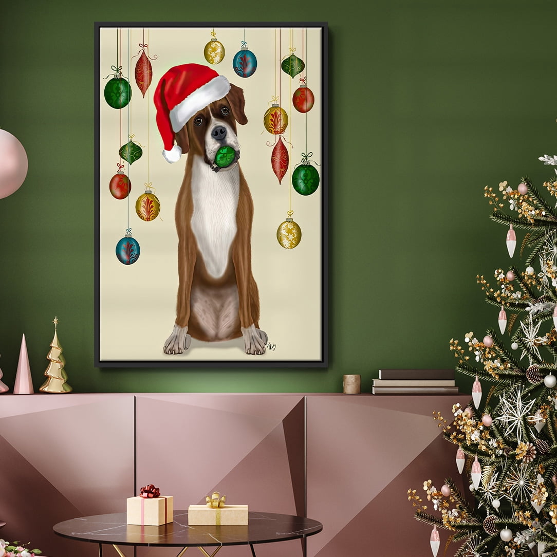 Christmas Boxer and Bauble Ball - Framed Gallery Wrapped Holiday Canvas - 17 x 25 - Black Frame