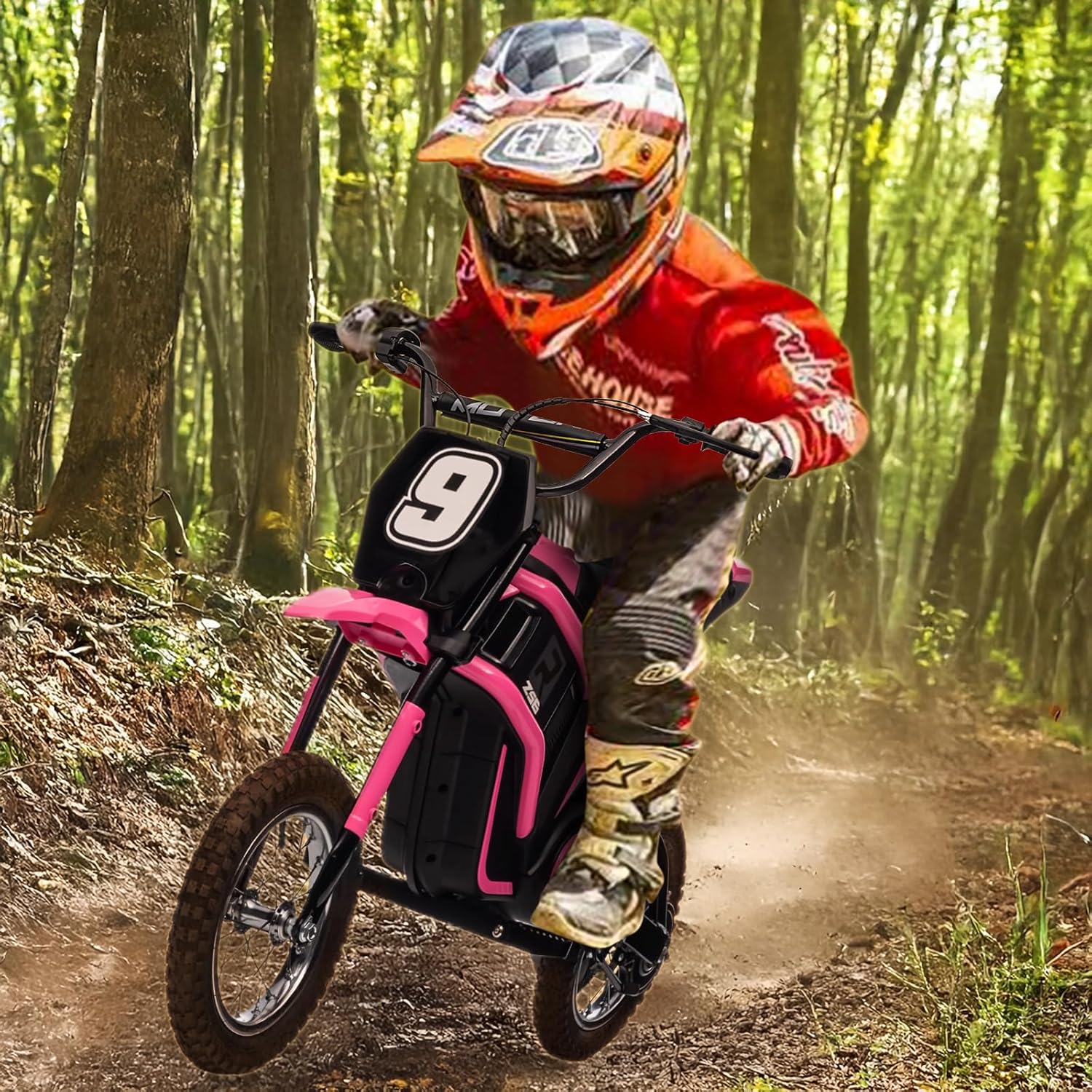 Rugerasy Electric Motorcycle,24v 350w Electric Dirt Bike for Ages 3-10, 15 MPH, 2 Speed Modes, 135 Lb Weight Capacity,Pink 9